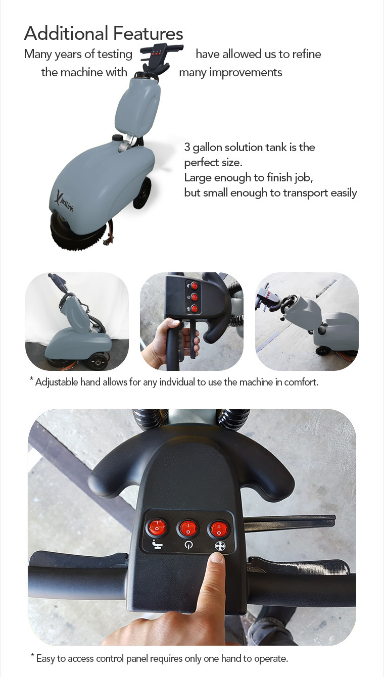 3 gallon solution tank, drain system, non-marking wheel system.